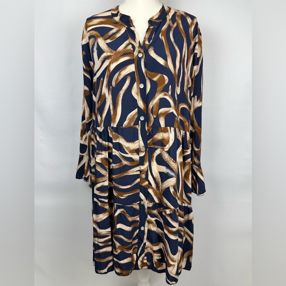 NWT Made in Italy Long Sleeve Shirtdress Shift Dress Navy Blue Brown XL Comfort